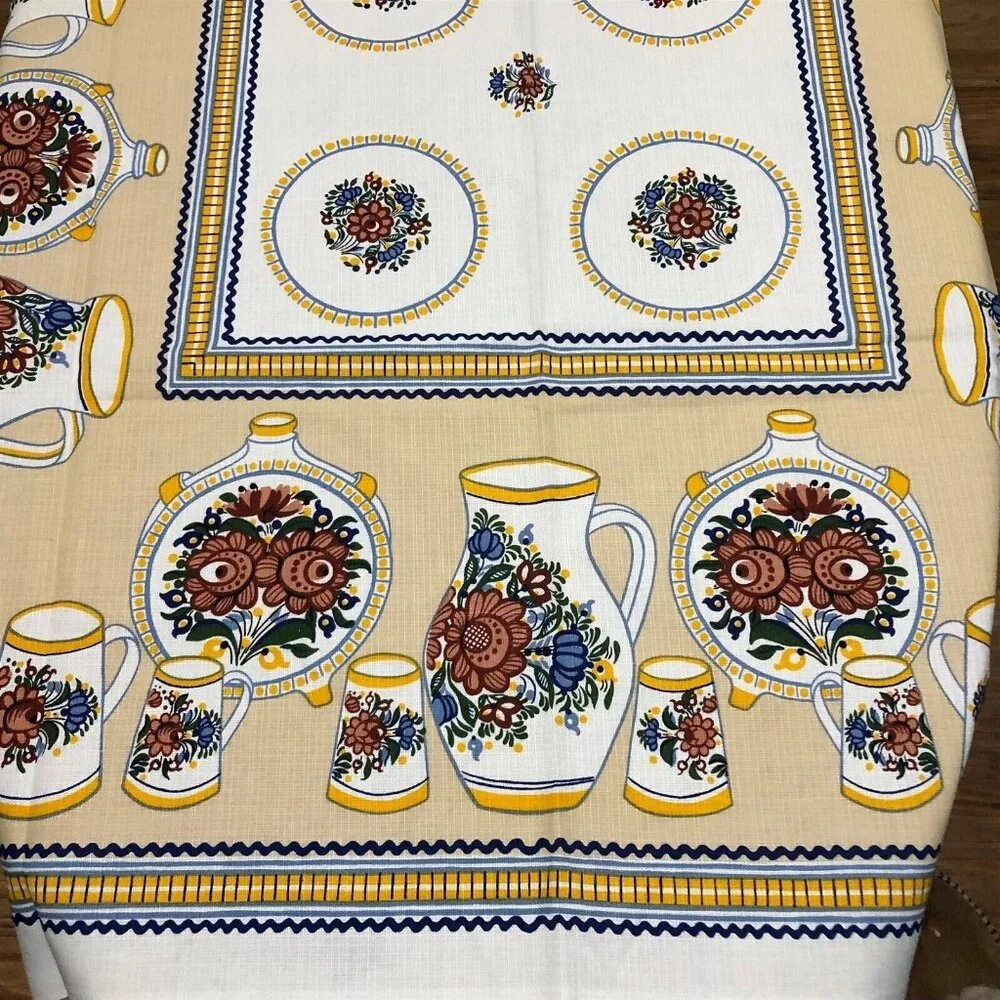 Vintage Tablecloth Pottery Pitcher Plate Floral Ethnic Beige Mid Century